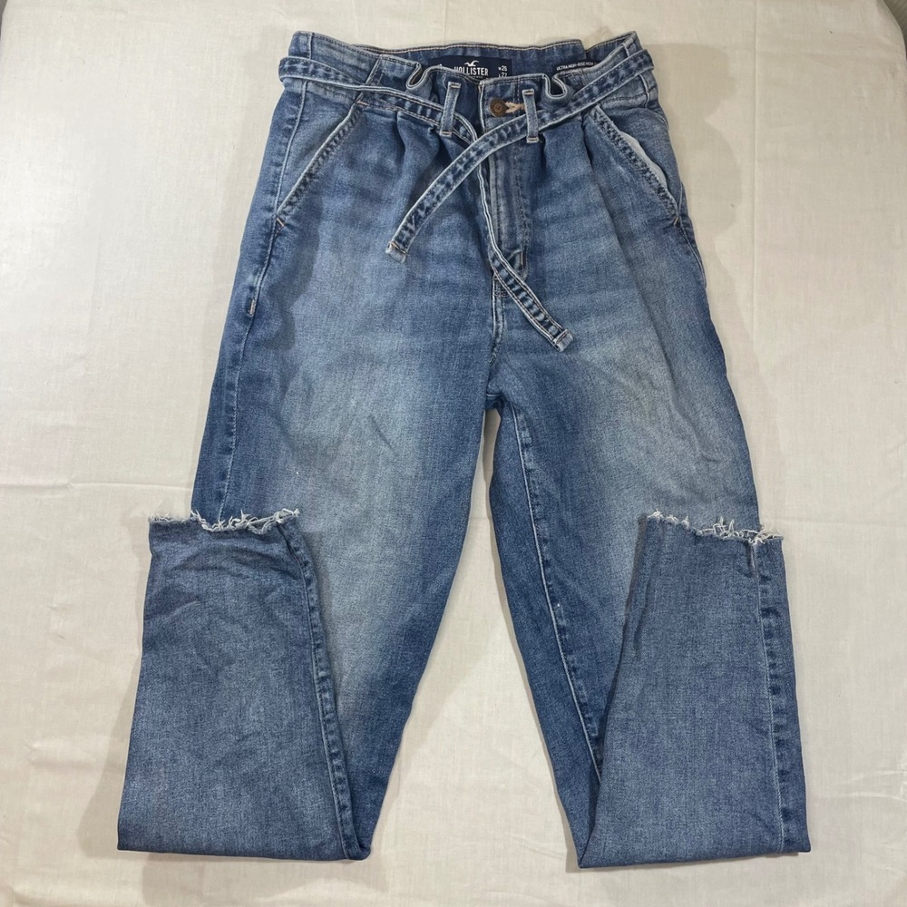 Hollister Ultra High Rise Mom Jeans 1R W25 L27 Blue Paperbag Belted Raw Hem
